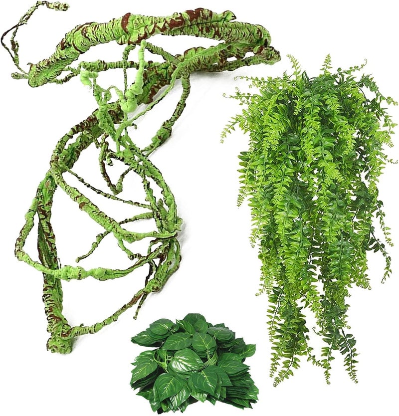 Kathson 3 PCS Reptile Vines Plants Flexible Bendable Jungle Climbing Vine Terrarium Plastic Plant Leaves Pet Tank Habitat Decor for Bearded Dragons Lizards Geckos Snakes Frogs and More Reptiles - Image 1